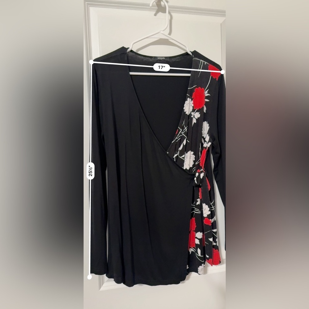 Lotusmile L Wrap-Front Floral Tunic Top – Black Red Print, Long Sleeve - Picture 3 of 16